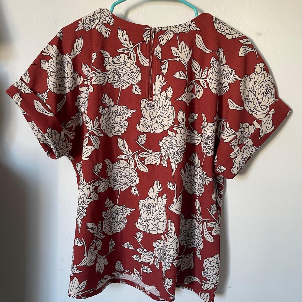 Melloday Romantic Botanical Blouse | Rust Red Floral Short Sleeve Top | L - Picture 3 of 4